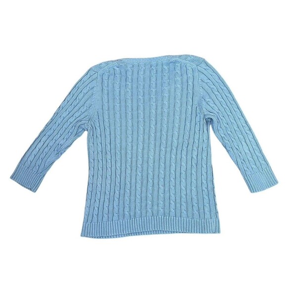 LL Bean Sweater Women Medium M Blue Cable Knit V Neck Cotton Long Sleeve - Picture 2 of 10